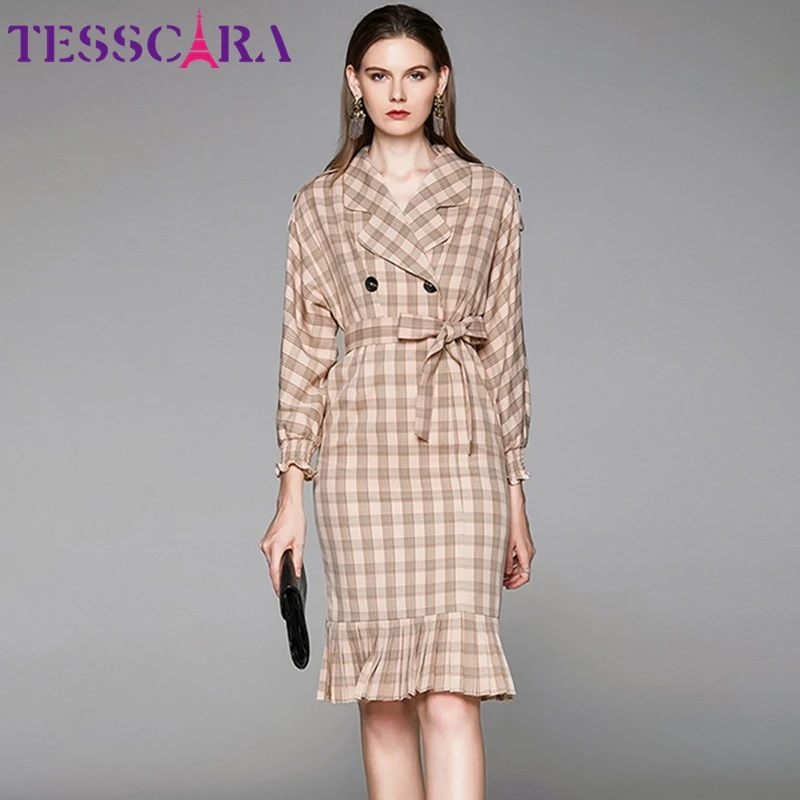 Женское весенне-осеннее элегантное клетчатое платье-блейзер TESSCARA