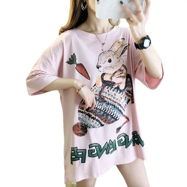 

2021 spring and summer new T-shirt round neck loose cartoon 3D printing student mid-length short-sleeved insT-shirt women