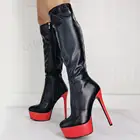 BERZIMER женские сапоги до колена, сапоги на платформе с высоким тонким каблуком; Туфли на шпильке; С боковой молнией; Высокие сапоги в стиле пэчворк черные женские туфли с красной Размеры 45 46-52