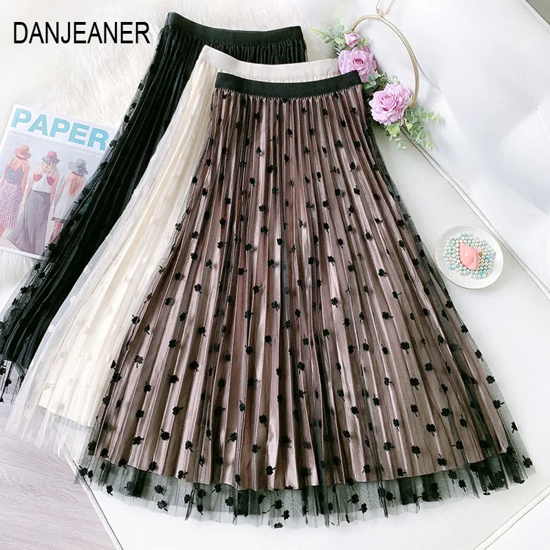 

DANJEANER Lace Skirts Four-leaf Clover Jacquard Skirt Korean Women Mesh Skirt on Both Sides Wear Wild Fairy Pleated Skirt 2021