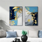 Плакат с изображением золотых растений, голубого и белого цветов, настенный художественный Рисунок Скандинавская Картина на холсте, современная картина для украшения интерьера гостиной