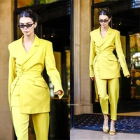 fashion yellow 2 pieces women suits with belt %d0%ba%d0%be%d1%81%d1%82%d1%8e%d0%bc %d0%b6%d0%b5%d0%bd%d1%81%d0%ba%d0%b8%d0%b9 blazerpants prom party wear custom made lady daily blazer suit set