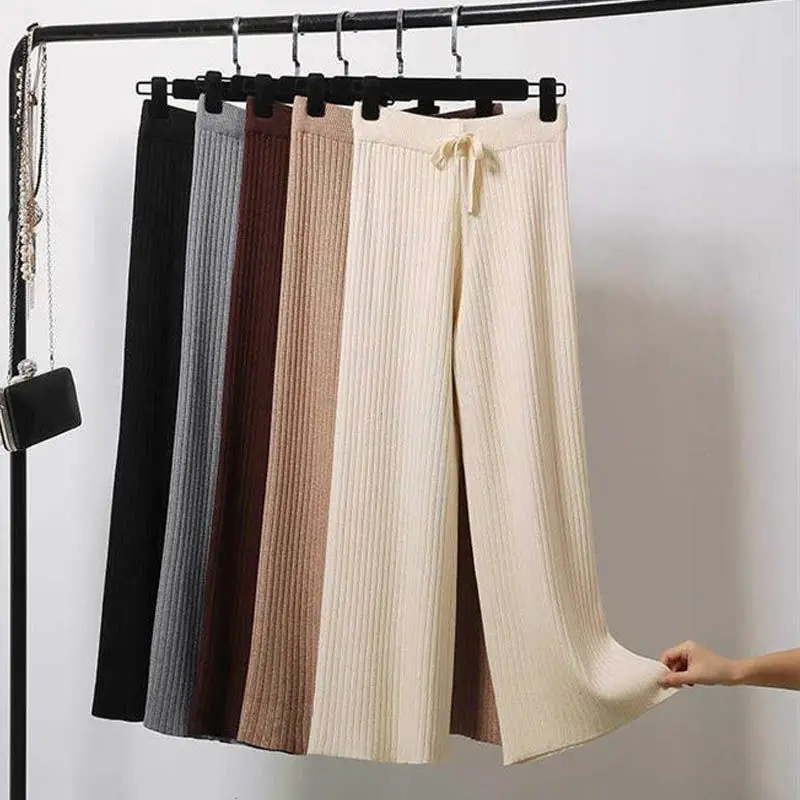 

Женские трикотажные брюки с высокой талией, простые свободные длинные брюки со шнуровкой и широкими штанинами, теплые эластичные, 2020