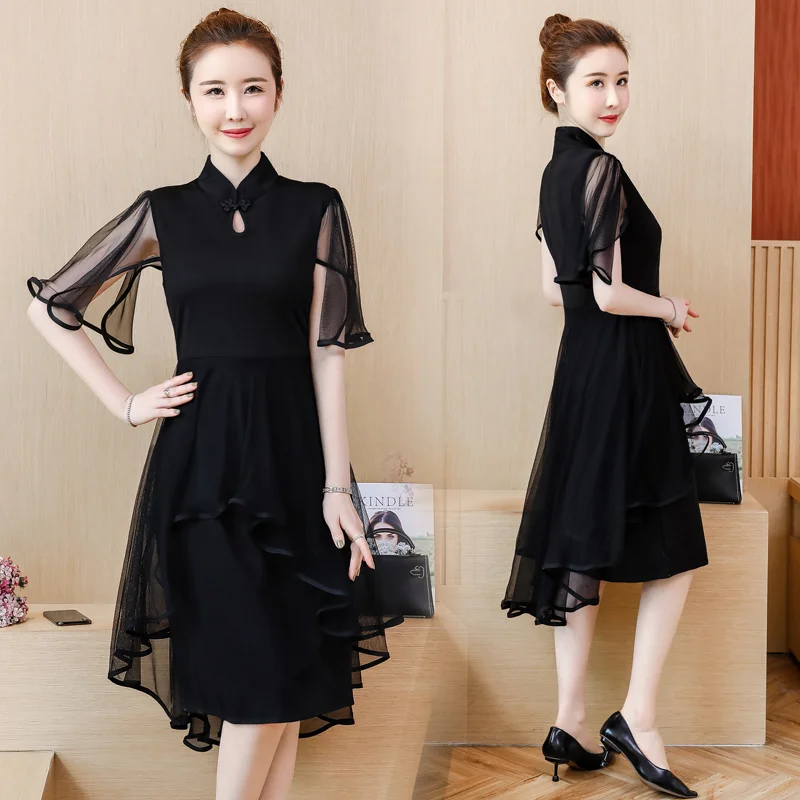 

Модное черное платье-Ципао, Новинка лета 2021, Сетчатое лоскутное платье-Ципао с хвостом ласточки, современное платье в китайском национально...