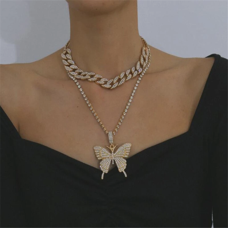 

Fashion Butterfly Full Rhinestone Band Rhinestone Stainless Steel Hip Hop Butterfly Lady Necklace