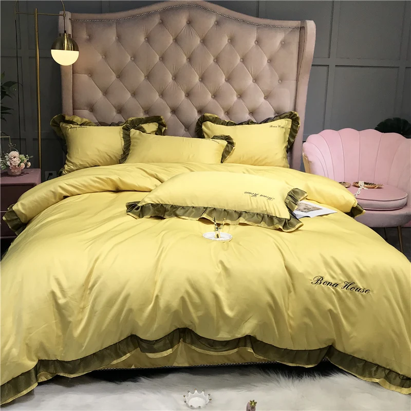 Preço 2020 Nova Brilhante Lustrous Cetim Preto Rendas Jogo De Cama Lisa Fronhas Folha De Capa De Edredão Conjunto De Cama Queen Size Rei 4pcs