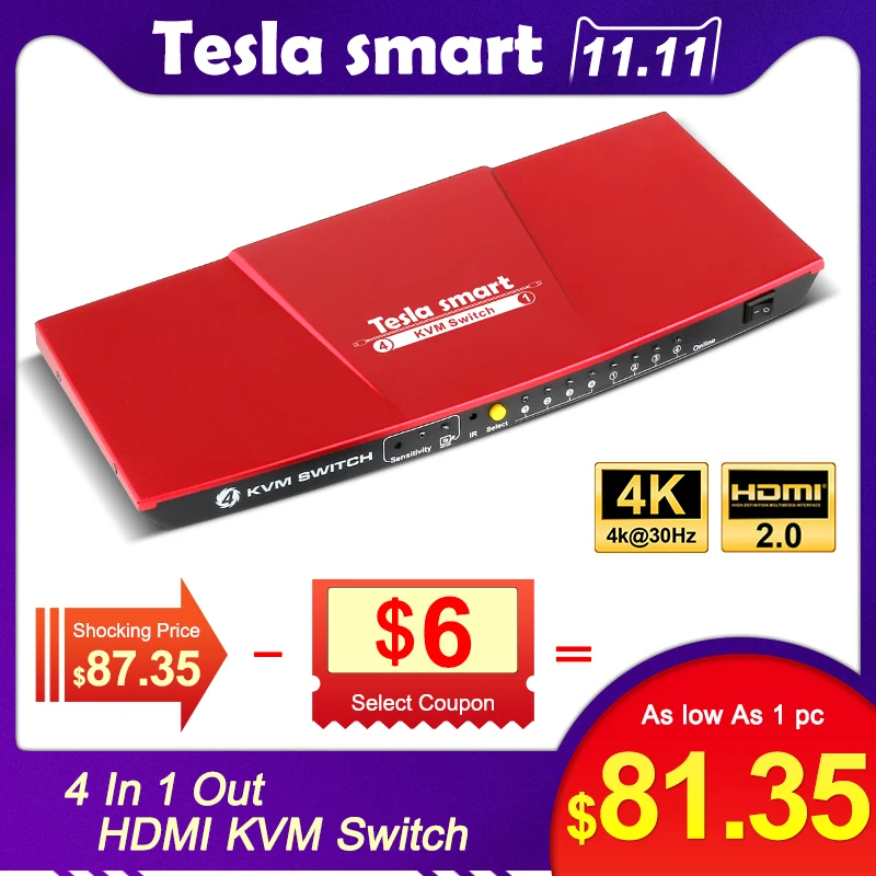 4K KVM коммутатор 4 порта USB2.0 KVM HDMI коммутатор 4K60Hz высокое качество Tesla smart USB Поддержка 3840*2160/4K* 2K дополнительный USB2.0 порт