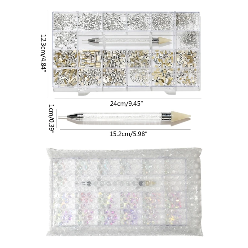 

21 Grids Glass Nail Art Decoration Kit Multi Shapes with Dual-ended Dotting Pen Set for DIY Nails Supplies Accessories