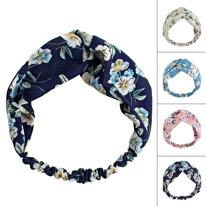 

FanMo Bohemian Floral Headband Scrunchie Summer Retro Cross Hairbands Turban leaf Elastic Headbands Women Headwear FD