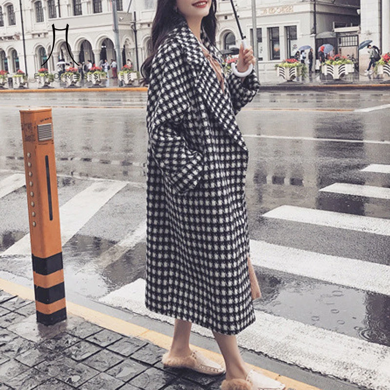 Осень 2019 модное женское Шерстяное Пальто Heydress в клетку женские свободные длинные