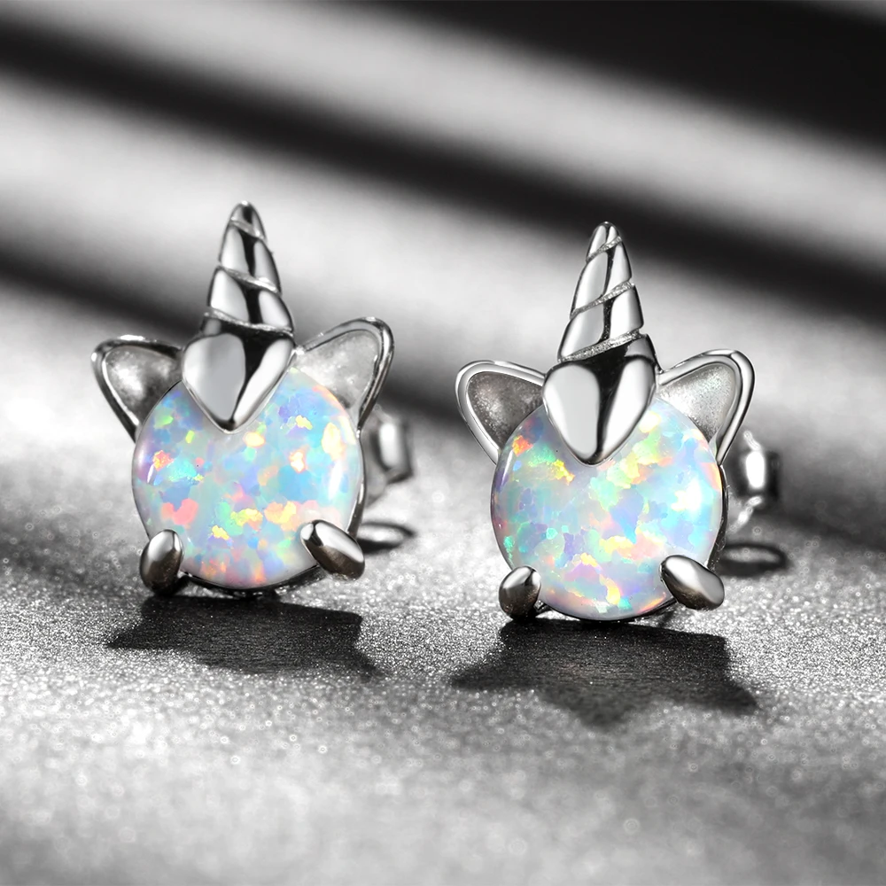 

Romantic Unicorn Animal Opal Stud Earrings For Women Wedding Small Sliver Color Earring Fine Anniversary Jewelry New Arrival