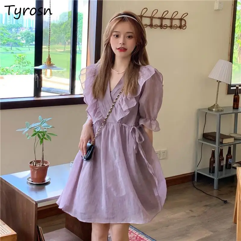 

Женское платье с коротким рукавом, однотонное, с оборками, с очерченной талией, свободного покроя, в Корейском стиле, на лето