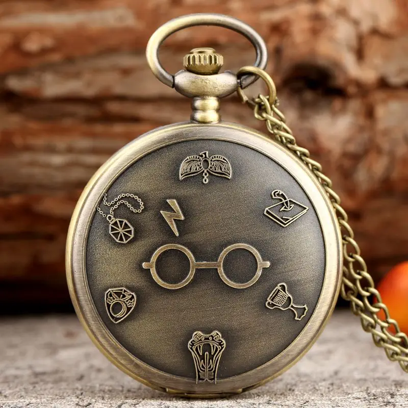 

Мужские кварцевые карманные часы в античном стиле из бронзы, женские популярные карманные часы с молнией и рисунком очков, прочные ультрато...