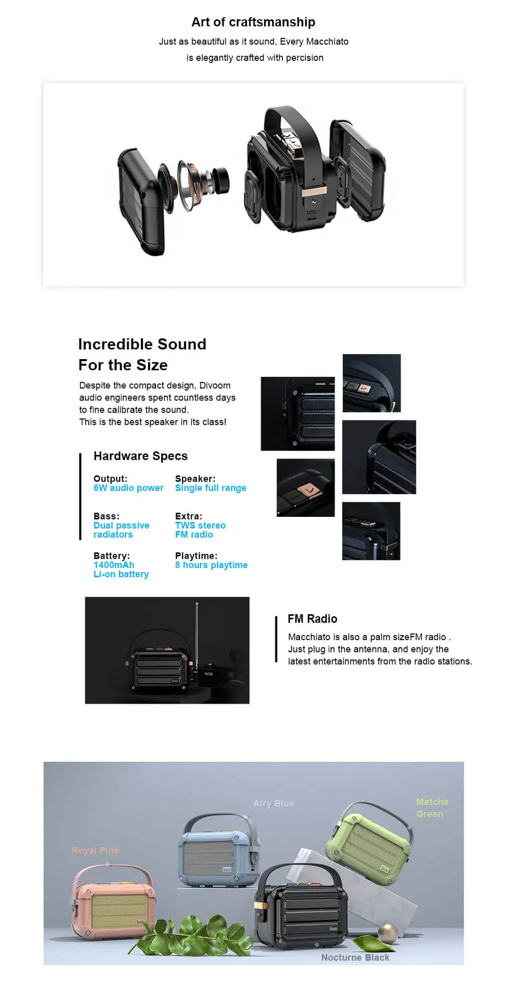 Divoom Macchiato Портативный беспроводной bluetooth динамик с fm-радио функция TWS Подарочная посылка Поддержка IOS и Android системы