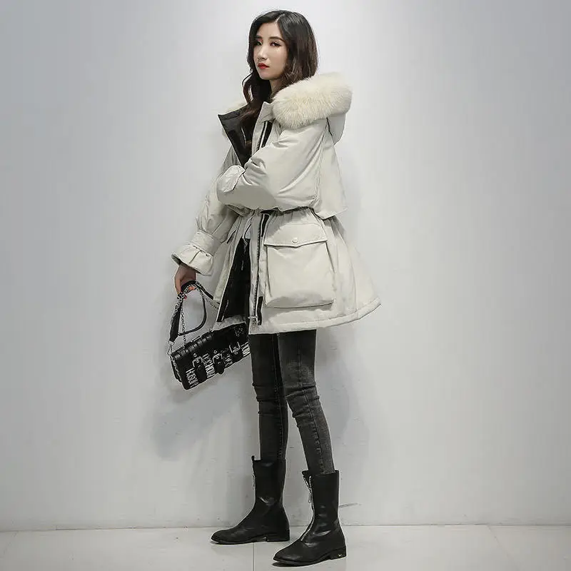 eDressU Woman Fur Hooded Parkas Oversize Padded Down Jacket Loose Coat Winter High Quality Korean Daily Casual Outwear BJ-1