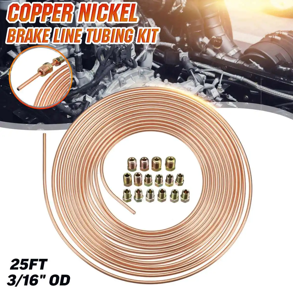 

25ft 7.62m Roll Tube Coil of 3/16" OD Copper Nickel Brake Pipe Hose Line Piping Tube Tubing Anti-rust With 16PCS Tube Nuts