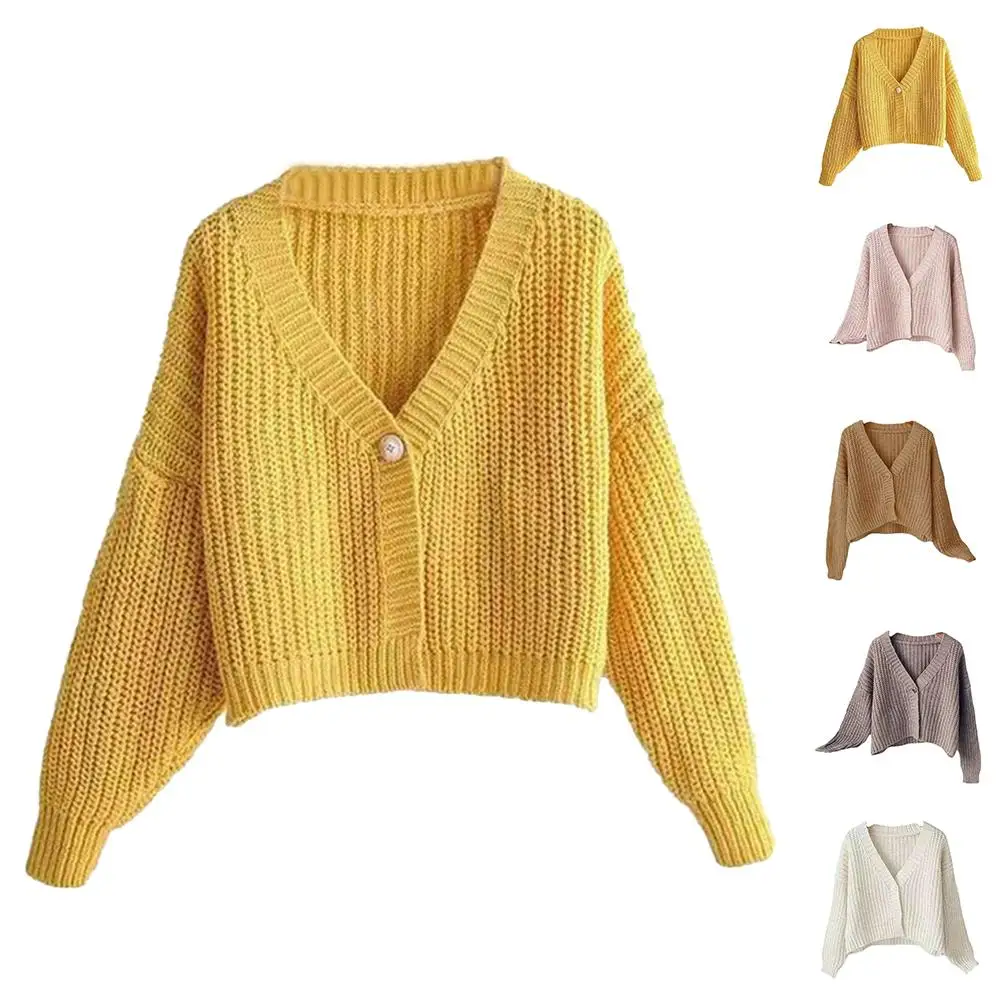 

Spring Autumn Women Plain Button Sweater Long Sleeve V Neck Knitted Jumper Ladies Solid Loose Cardigan Tops