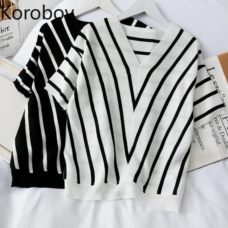 Женская футболка в полоску Korobov Harajuku уличная с v-образным вырезом и коротким
