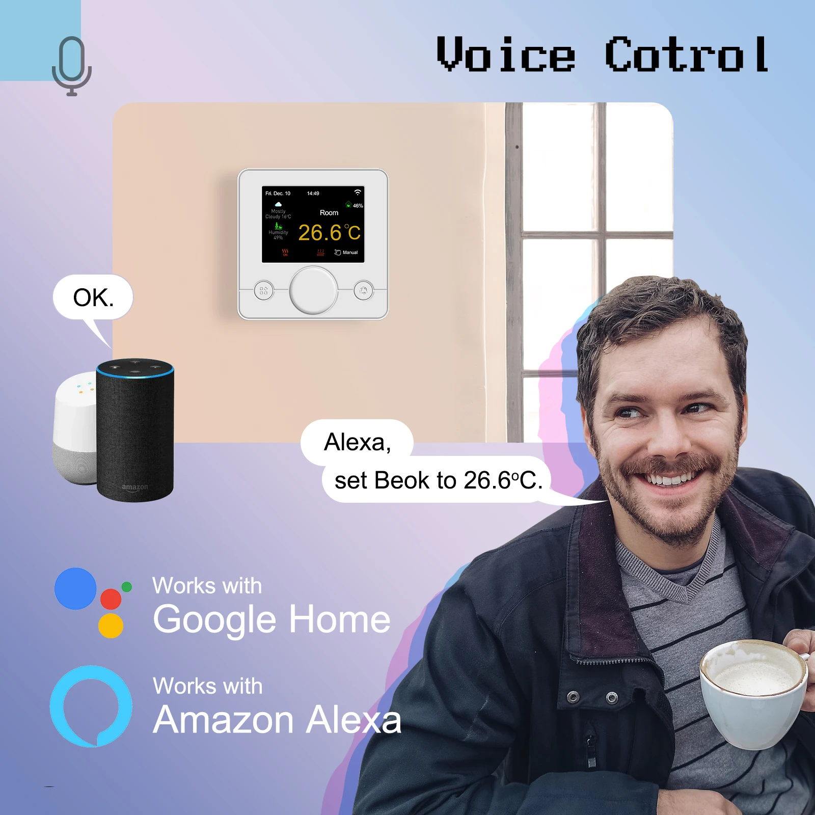 Термостат для умного дома Beok Wi-Fi Alexa Tuya теплый пол цветной сенсорный экран Google |