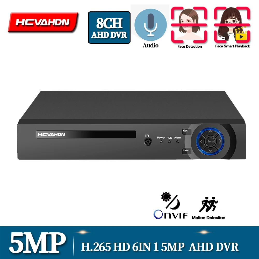 Видеорегистратор H.265 5 МП 8 каналов AHD DVR Onvif для камеры 1080P распознавание