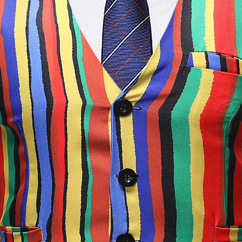 

Fashion Colorful Stripe Suit Vest Men Casual V-neck Single Breasted Waist Coat For Men Business Formal Gilet Homme Costume