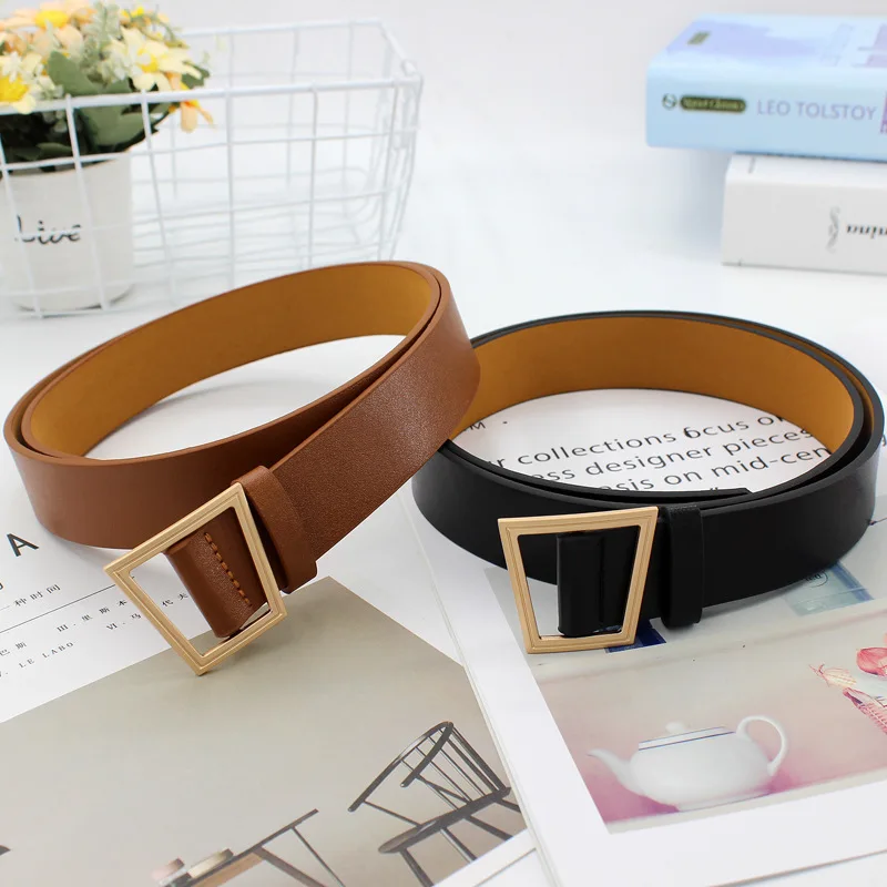 Square Buckle Women Belt Simple Vintage Students Waistband Adjust Fashion Casual No-hole Cummerbunds