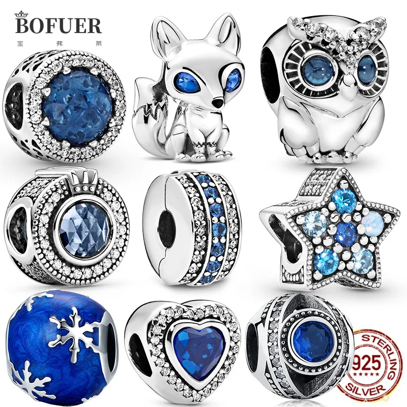 

925 Silver Shiny Sky Ocean Blue Fox Owl Bead fit Original Pandora charms silver 925 beads Bracelet for women diy fashion jewelry