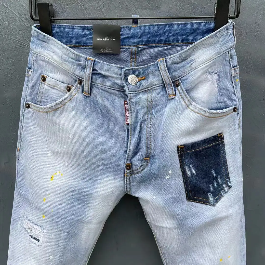 2022 Spring Summer New DSQUARED2 Men's/Women's Light-Colored Jeans Fashion Slim-Fitting Washed Paint Stretch Pants 030