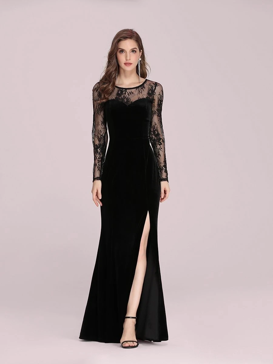 

Sexy Lace Neckline Wholesale Velvet Evening Dress with Side Split
