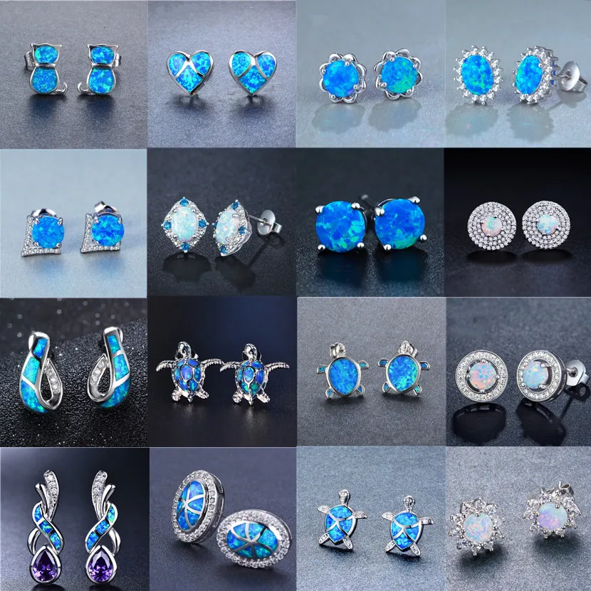 

FDLK Vintage Blue Man-made Fire Opal Silver Plated Stud Earrings Water Drop Zircon Women Wedding Party Earrings Best Gift