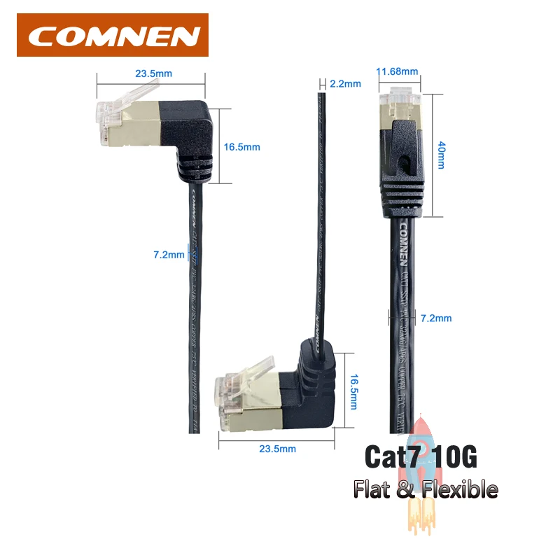 Плоский Ethernet-Кабель COMNEN Cat7 RJ45 SSTP вверх вниз 90 градусов угловой патч-корд 1/3/5 футов