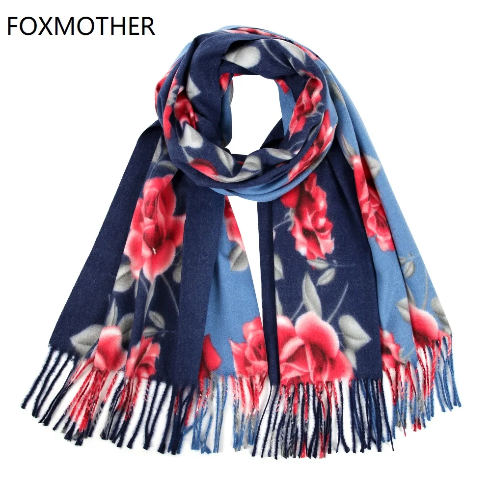 Женский кашемировый шарф FOXMOTHER длинный из пашмины с принтом роз и кисточками зима