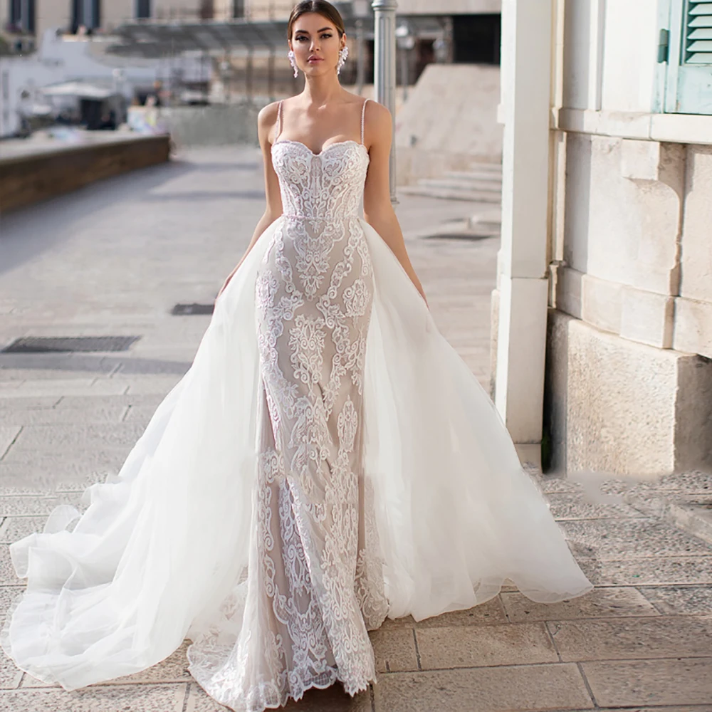 Eightree Gorgeous Mermaid Wedding Dresses Detachable Train Appliques Lace Bride Dress Beading Spaghetti Straps Wedding Gowns