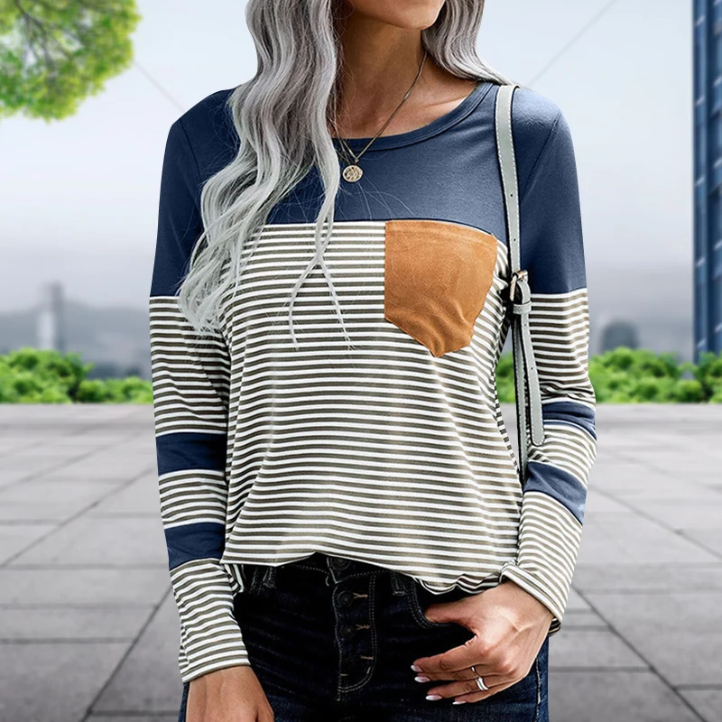 

Fashion Women Tops Tees Stripe Stitching Contrast Long Sleeve Slim Fit T-Shirt Boho Elegant Lady Casual Embellished Shirts