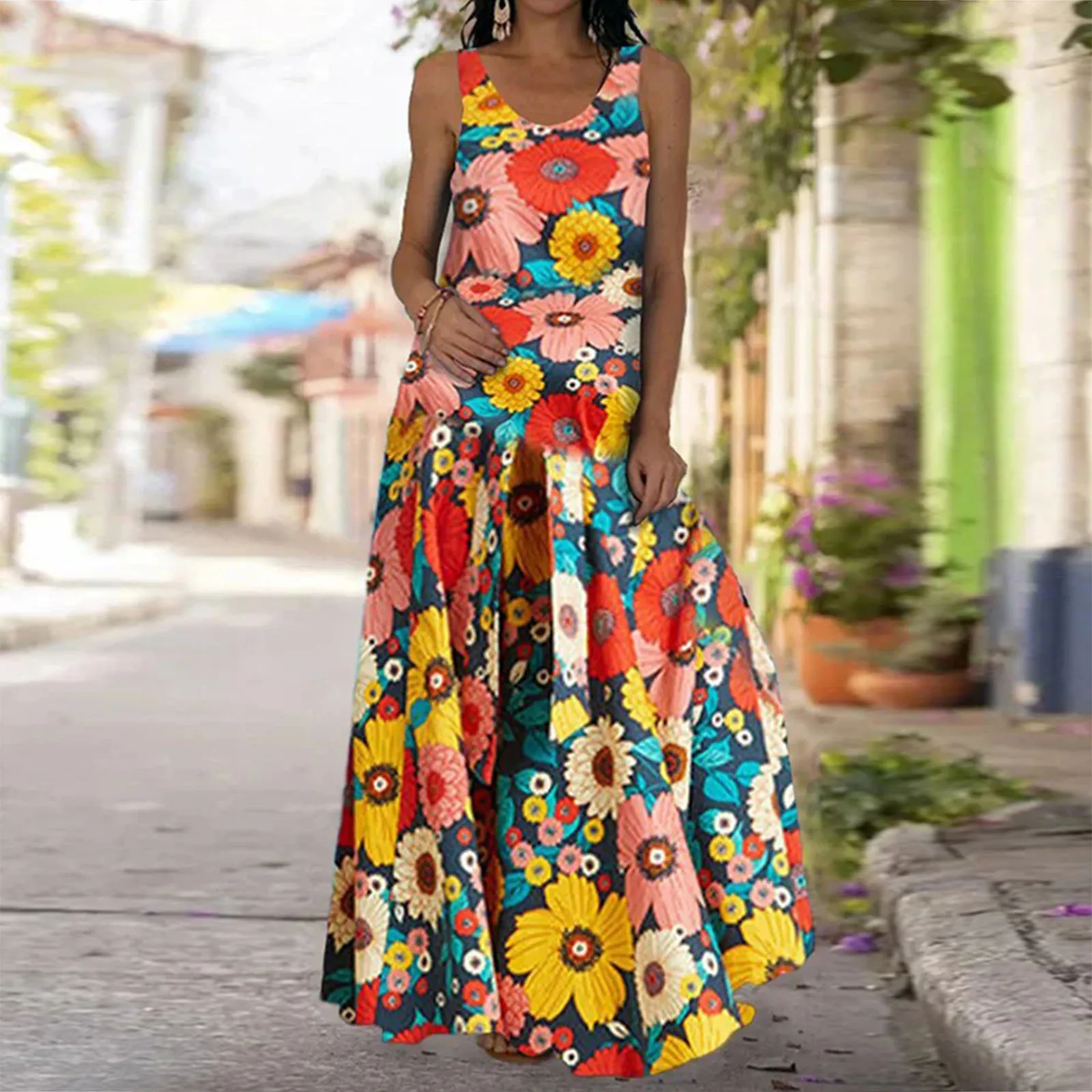 

Summer Dresses Retro Floral Print Sleeveless Women's Casual Pocket O-neck Loose Dress Elegant Female Banquet Maxi Dress Fashion