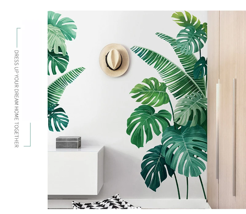 Tropical Plant Turtle Leaf Wall Sticker Fresh Beach Palm Leave Art Decal Door Wall Decoration for Living Room Kitchen Home Decor