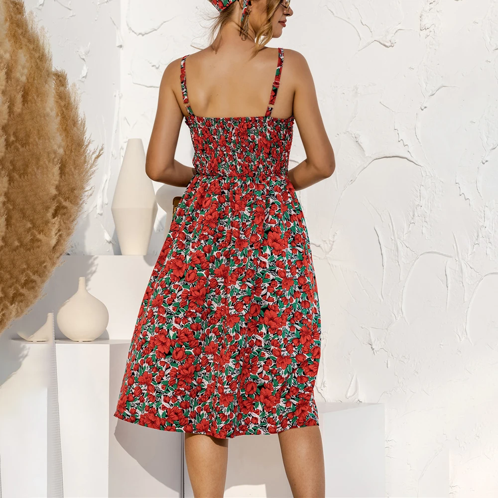 

Sexy Spaghetti Strap Polka Dot Beach Woman Dress 2021 Summer Floral Boho Casual Black Yellow Dresses For Women Femme Robe