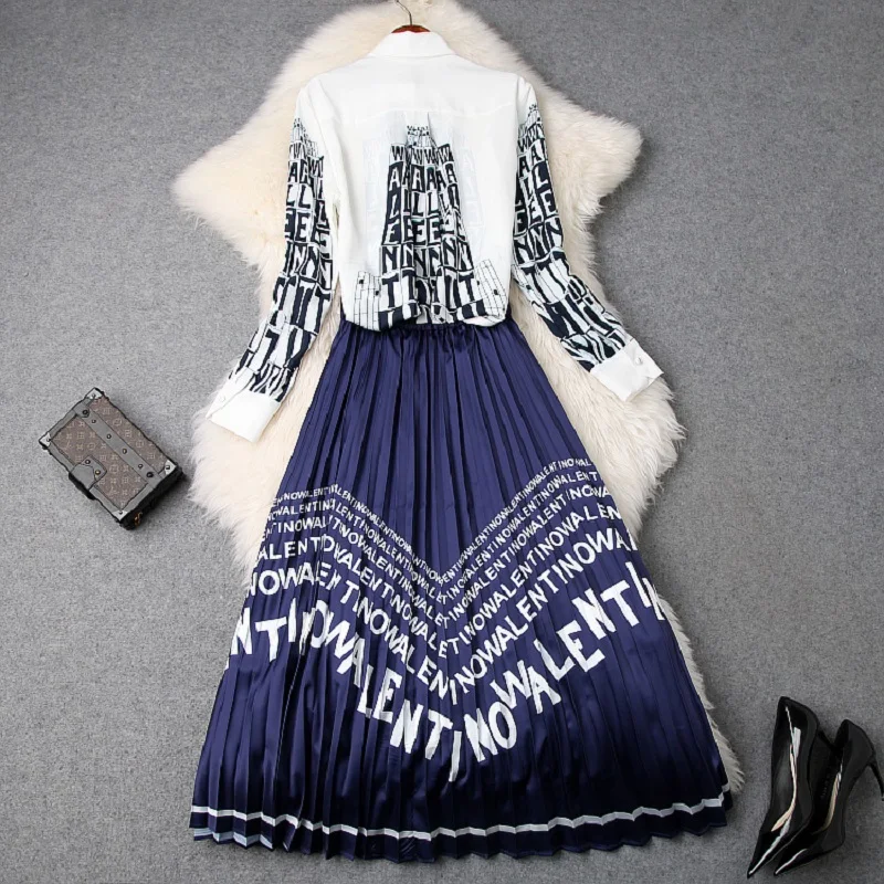 

office work clothing set 2019 new High Quality spring printing Letter shirt Bow Womens Sets casual Full sleeved Half skirt suit