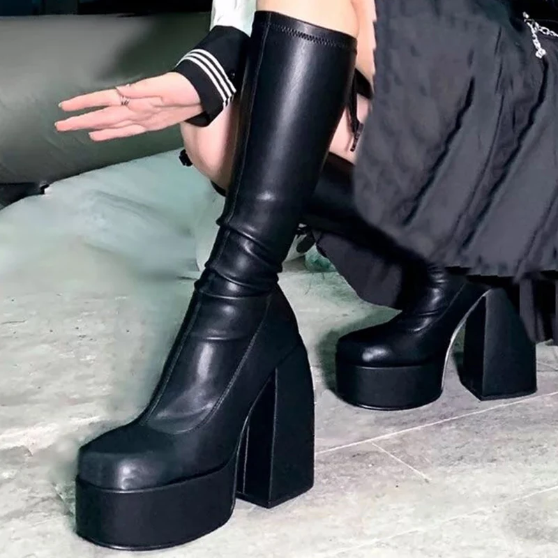 

2021 Winter Big Size Knee-High Modern Boots Furry Shoes Women 12.5CM High Heel Shoes Female Round Toe Zip Shoes Ladies New Boots