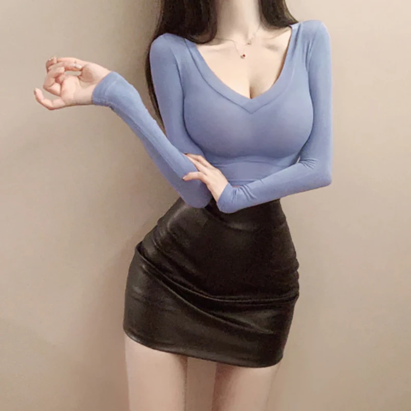 

2022 Slim High Quality Plain T Shirt Women Cotton Elastic Summer Female Crop Top Long Sleeve Sexy Thin T-shirt See Through