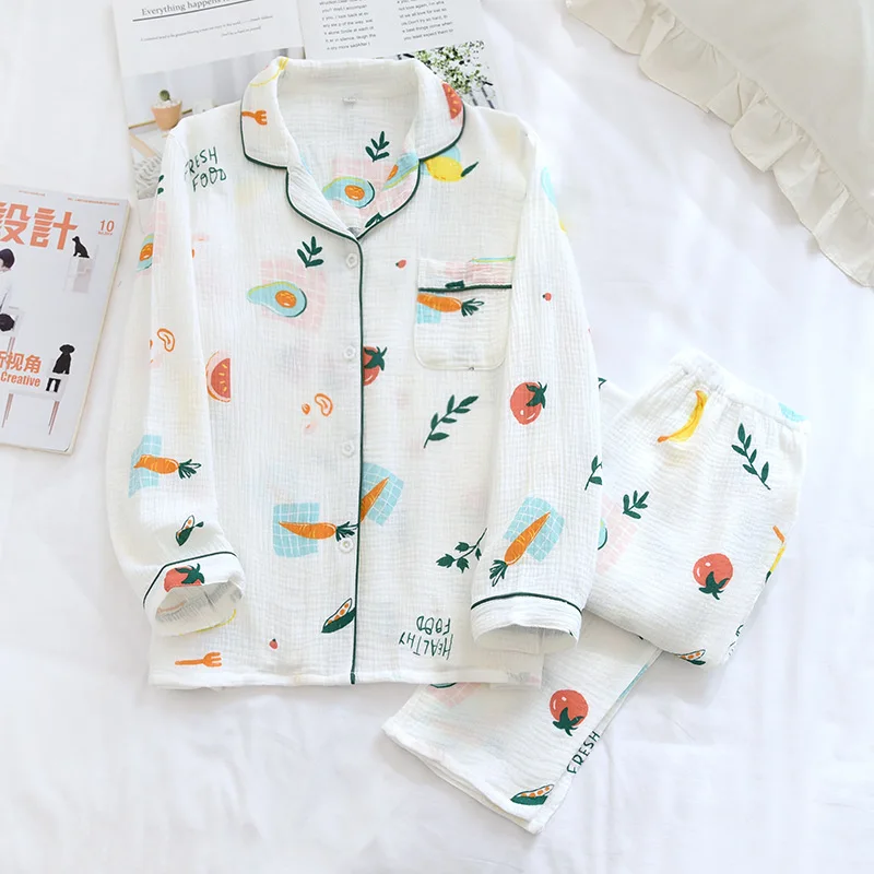 Spring /Autumn Pajamas for Women Pure Cotton Crepe Soft Long Sleeve Sleepwear Thin Fresh Summer Pajamas Set for Ladies Comfort