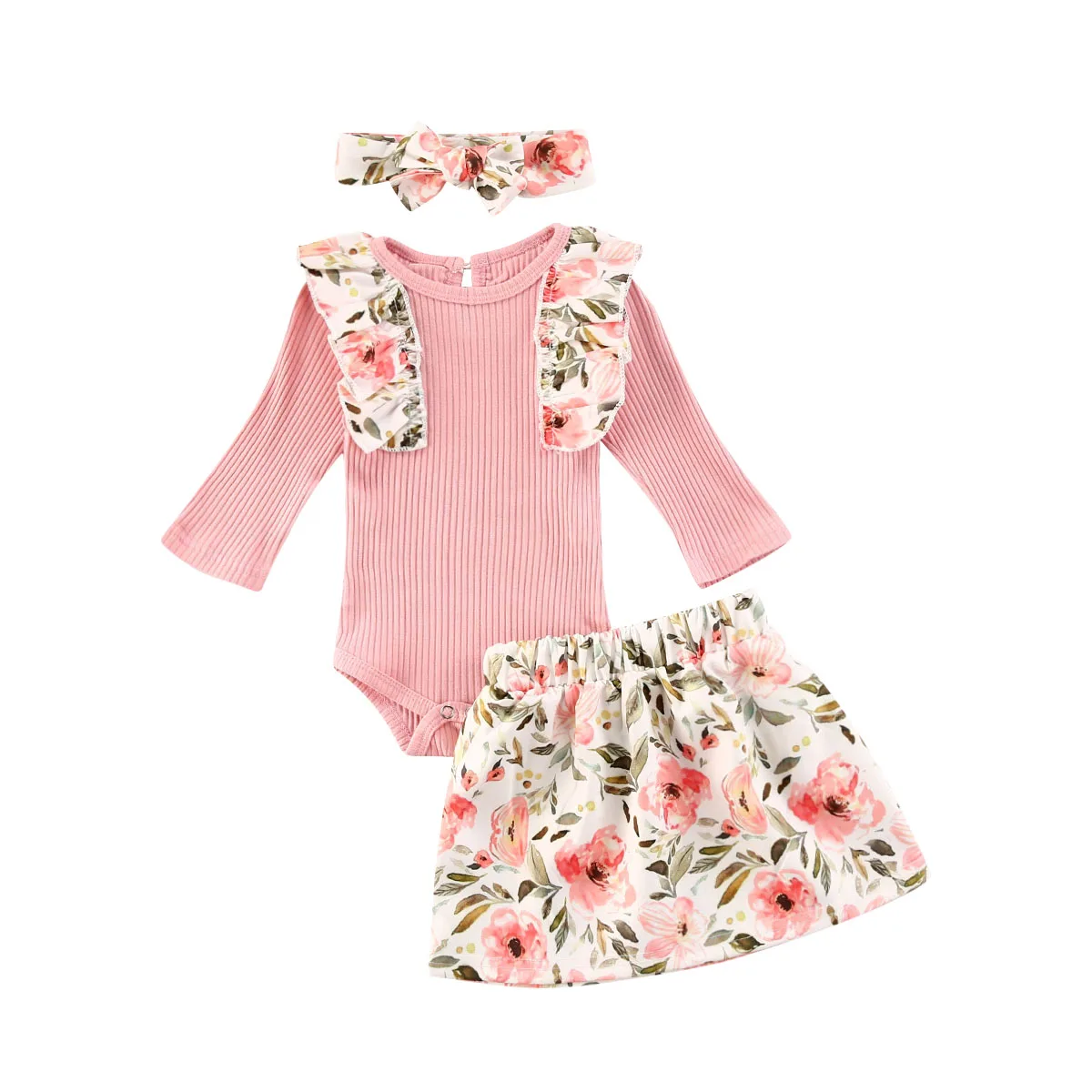 

Комплект летней одежды для новорожденных девочек, комбинезон + юбка с цветочным принтом + повязка на голову, комплект одежды из 3 предметов