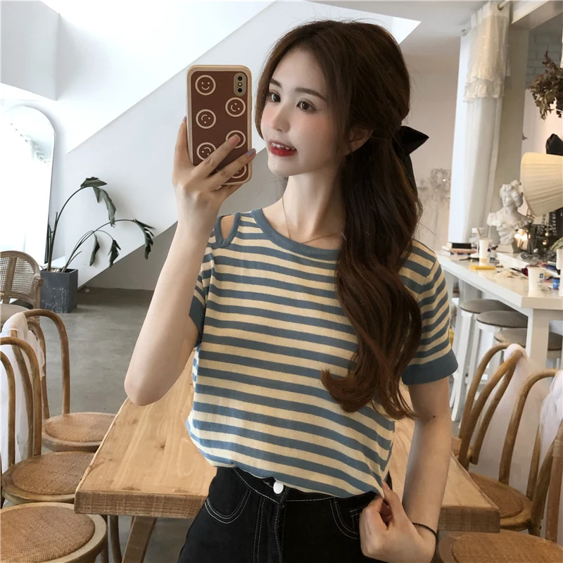 Summer New Women Knitting T Shirts O Neck Loose Slim Thin Short Sleeve Tops Female Striped Hollow Out Casual Knitted Tee T-Shirt