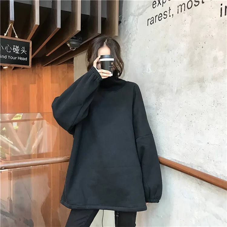 Толстовки женские водолазки в Корейском стиле хип-хоп однотонные Harajuku женские универсальные плюс бархат теплые на зиму мягкие толстовки милые