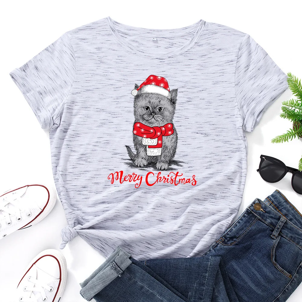 

JFUNCY 100% Cotton Women Tops Christmas Cute Cat Print T-shirt Female Casual T Shirt Women Plus Size Short Sleeve Graphic Tees