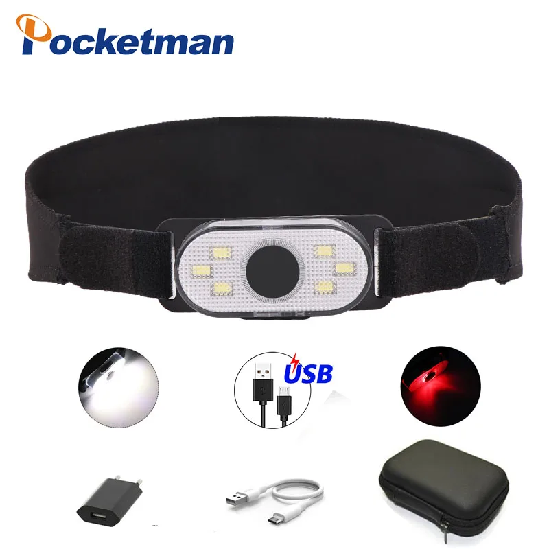 Миниатюрный светодиодный налобный фонарь COB + красный фонарик Головной зажим для