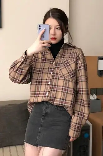 Блузка женская клетчатая с длинным рукавом и отложным воротником Ka391 | Женская