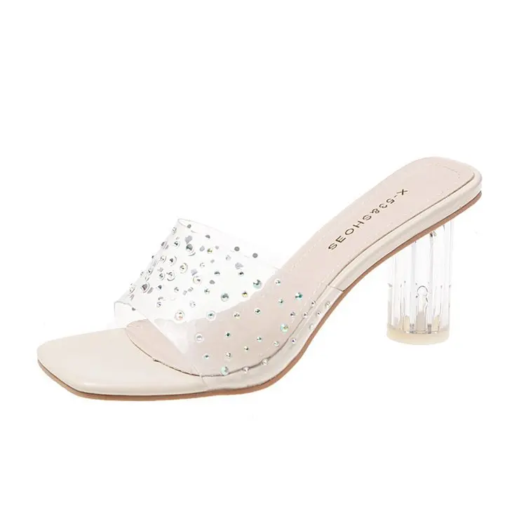 

Women PVC Jelly Slippers Luxury Crystal Open Toe Sexy Sandal Fashion Ladies Clear Heel Slides Shoes Summer Outside Dress Slipper