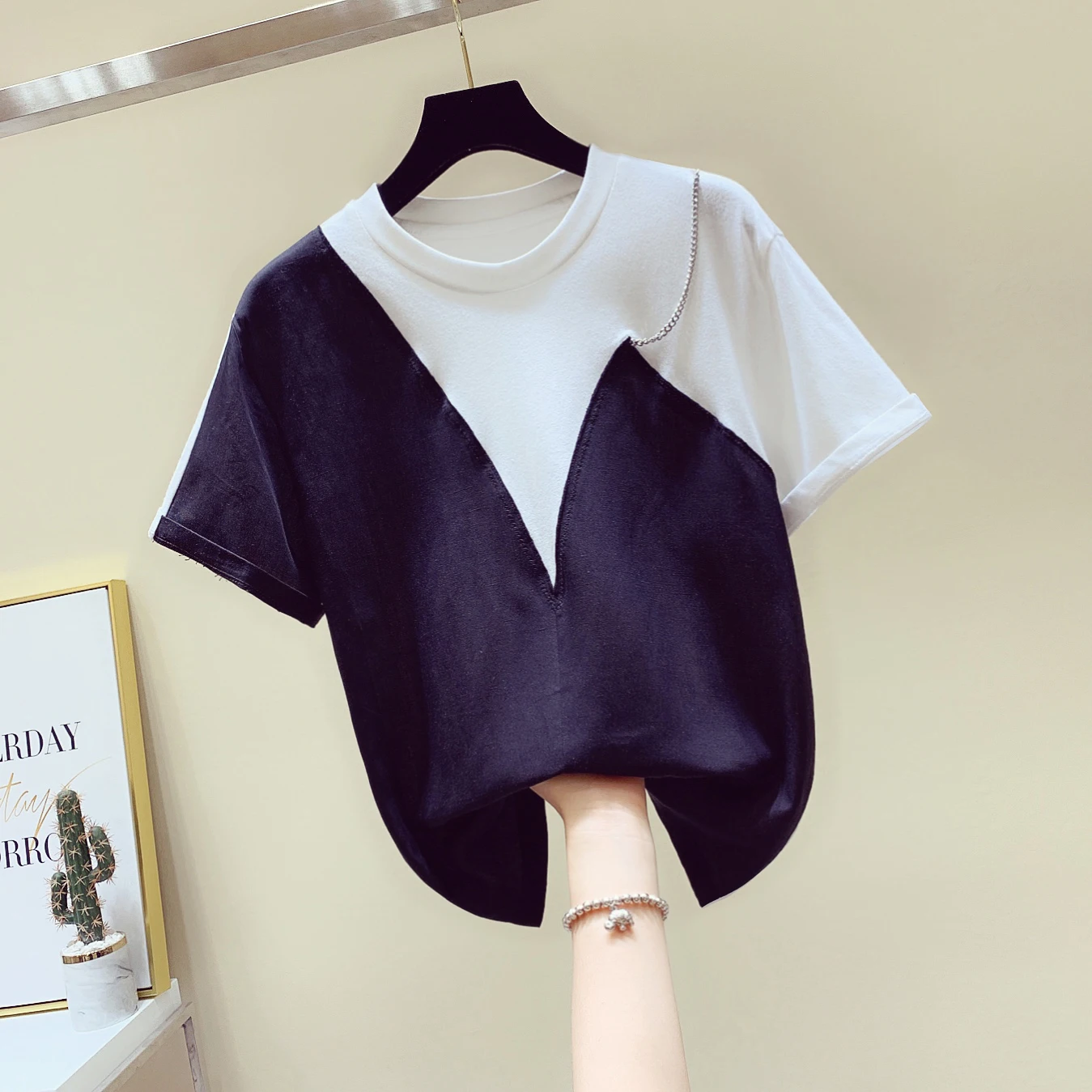 

Fake 2 Pieces T Shirt Contrast Color Two-Piece Splicing Pure Cotton Short Sleeve Tshirt Female 2020 Korean Simple Loose T-shirt