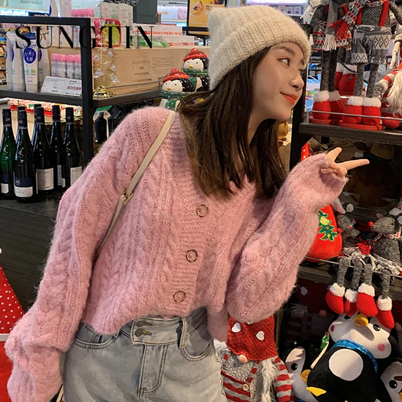 Женский вязаный кардиган Sungtin розовый и белый Повседневный свободный однотонный